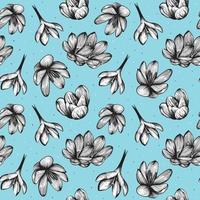 Saffron seamless pattern. Crocus flower on a blue background pattern. Hand-drawn vector illustration