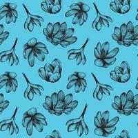 Saffron seamless pattern. Crocus flower on a blue background pattern. Hand-drawn vector illustration