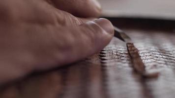 Le sculpteur sur bois macro coupe la planche d'acajou avec un ciseau et produit un son asmr agréable video