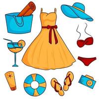 Set of elements for a beach holiday Dress bag hat cocktail sunscreen flipflops swimsuit foto camera lifebuoy vector