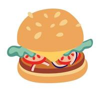 Cartoon Delicious hamburger icon Vector drawing of a hamburger with cheese tomatoes lettuce onion cucumber and sesame seeds in a flat cartoon style Illustration for fast food menu design