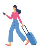 mujer joven con una bolsa de equipaje tiempo para viajar recreación y viaje de turismo temas de negocios viaje de negocios plantilla web encabezado concepto de viaje vector ilustración plana