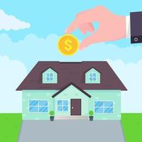 Hand puts coin in the house flat style design vector illustration Piggy bank buying house concept House bank safe investment or loan real estate symbol icon sign Green grass and clouds behind