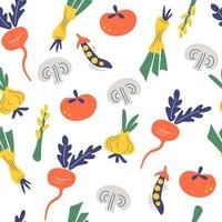 Seamless pattern with vegetables Onion tomato radish mushrooms string beans peas Vegetarian healthy food vector texture Vegan farm organic detox Farm natural vector hand draw background