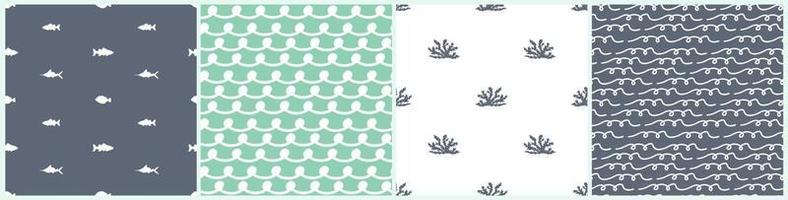 Sea or ocean fish waves corals seamless patterns vector