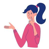 Young girl doubts Curious young woman solving problem Choice thinking doubt problem concept Female character asking questions Flat cartoon colorful vector illustration