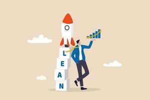 Lean startup using agile methodology businessman showing growth graph leaning on box stack with the word LEAN with ready to rocket ship on top vector