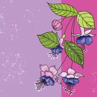 Vector illustration abstraction of blue fuchsia flowers with leaves on a lilac pink background