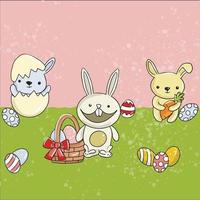 Vector Easter illustration of rabbits with eggs in the meadow on a pink green background