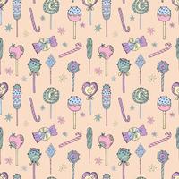 Vector illustration of a seamless pattern of lollipops of different colors and shapes