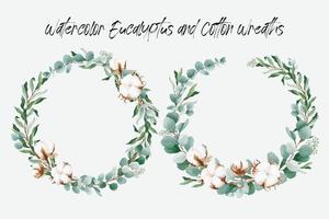 Watercolor floral wreath with cotton flower and eucalyptus leaves