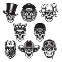 Colección de personajes de calaveras en blanco y negro. vector