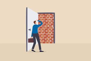 Business dead end no way to exit or big mistake and wrong decision businessman open exit door and found brick wall blocking the way vector