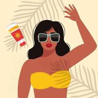 ilustración vectorial en estilo retro de retrato de mujer hermosa en bikini y gafas de sol vector
