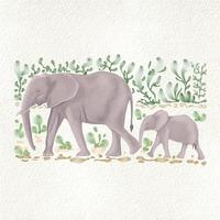 Vector illustration of elephants among green leaves in watercolor style