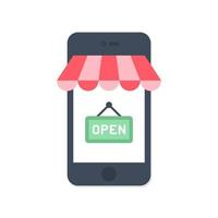 Mobile store concept with open sign vector illustration