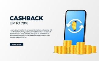 Cashback banner promoción publicidad de dinero con moneda de oro 3d dólar con teléfono con fondo blanco vector