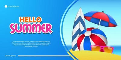 hola verano banner con vacaciones arena playa costa con tabla de surf paraguas y bola paisaje ilustración con fondo azul vector