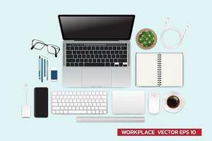 Realistic workspace elements workplace with elements on desk top view Modern Technology working Place plant keyboard cup of coffee smartphone laptop writting item vector graphic