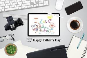 Feliz día del padre, la tableta muestra a los niños dibujando un mensaje con imágenes sobre cuán profundo es su amor, el estilo de vida digital del padre en el nuevo siglo. vector