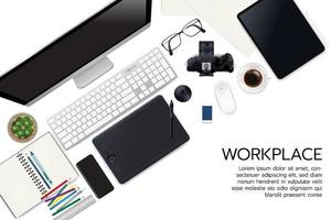 Realistic workspace elements workplace with elements on desk top view Modern Technology working Place plant keyboard cup of coffee  smartphone monitor writting item vector graphic