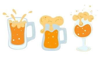 conjunto de varias tazas con vasos de cerveza tazas con asa llena de cerveza ligera con espuma y burbujas bebida alcohólica refrescante fría pinta de bebida dorada con espuma ilustración vectorial plana vector