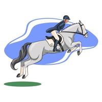 mujer de equitación montando a caballo saltando estilo de dibujos animados vector