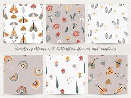 Set of seamless patterns with with flowers rainbows and butterflies vector