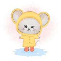 Cute mouse wearing raincoat watercolor illustration vector