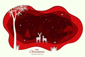 Merry Christmas and Happy New Year with animals wildlife in winter snow paper cut and craft design on red background vector