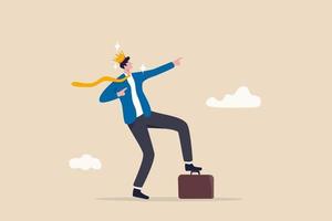 Success businessman king proudly of his achievement work happiness or self esteem freedom or entrepreneurship concept cheerful businessman wearing king crown step on briefcase pointing to the sky vector
