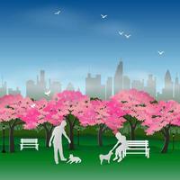 Nature background with couple happy and relax in the sakura park vector