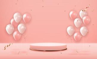 Rose gold pedestal over pink pastel natural background with party balloons vector