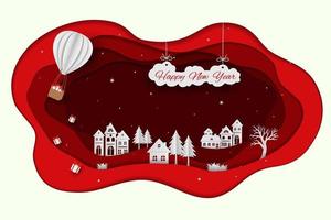 Happy new year on paper art red background design for holiday celebration party or greeting card vector