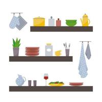 Wooden shelves with modern kitchen tools vector