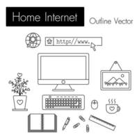 Home Internet  computer and modern workspace and equipment  monitor screen  keyboard  mouse  picture frame  cup of coffee  notebook  pen  paper clip  ruler  flowerpot  in room vector