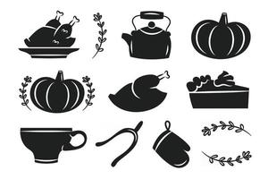 Thanksgiving stickers labels autumn november holiday turkey pumpkin cup kettle pie oven glove herbs cut board file black silhouettes vector