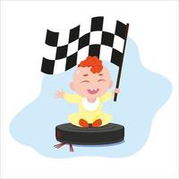 Baby boy riding on robot vacuum cleaner while it is working vector