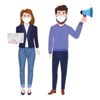 Young beautiful businessman and businesswoman character wearing business outfit facial fabric mask standing with laptop mic vector