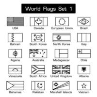 banderas del mundo set 1 estilo simple y diseño plano contorno grueso en blanco y negro vector