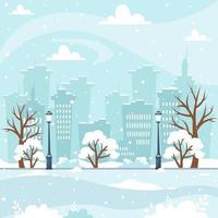 Snowy winter cityscape with trees buildings park vector