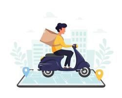 Courier character riding motorbike via smartphone with online tracking on city background vector