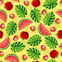 Seamless summer pattern Monstera strawberry apple on yellow background vector