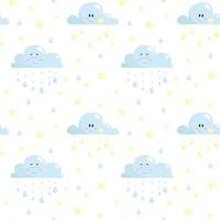 Nursery vector seamless pattern with adorable clouds  stars  raindrops on a white background  Kids illustration