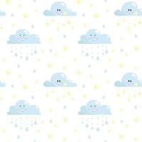 Nursery vector seamless pattern with adorable clouds  stars  raindrops on a white background  Kids illustration