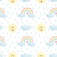 Cute vector seamless pattern of rainbow clouds sun and water drops in a cartoon style