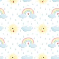 Lindo patrón transparente de vector de nubes arco iris, sol y gotas de agua en un estilo de dibujos animados