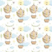 Cute funny childish seamless pattern with hot air balloon  Hand drawn cartoon with clouds  balloons  flag papers and sun  Perfect for kids fabric  textile  wrapping  Vector Illustration