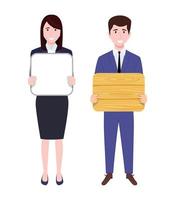 Young beautiful businessman and businesswoman character wearing business outfit standing with placard wooden board and posing vector