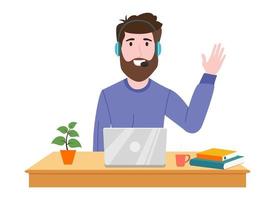 Young beautiful businessman a character wearing business outfit headphone setting on desk with laptop coffee plant books and waving vector